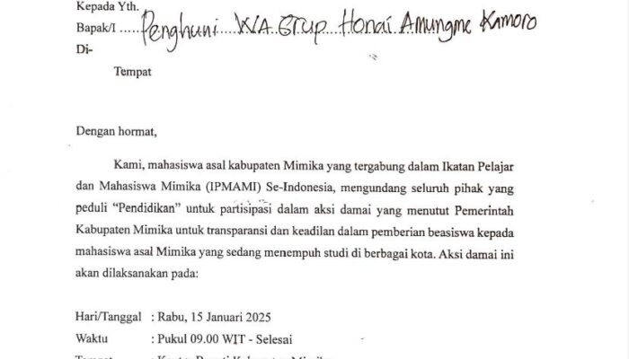 Mahasiswa IPMAMI Mimika Akan Gelar Aksi Damai di Kantor Bupati Besok