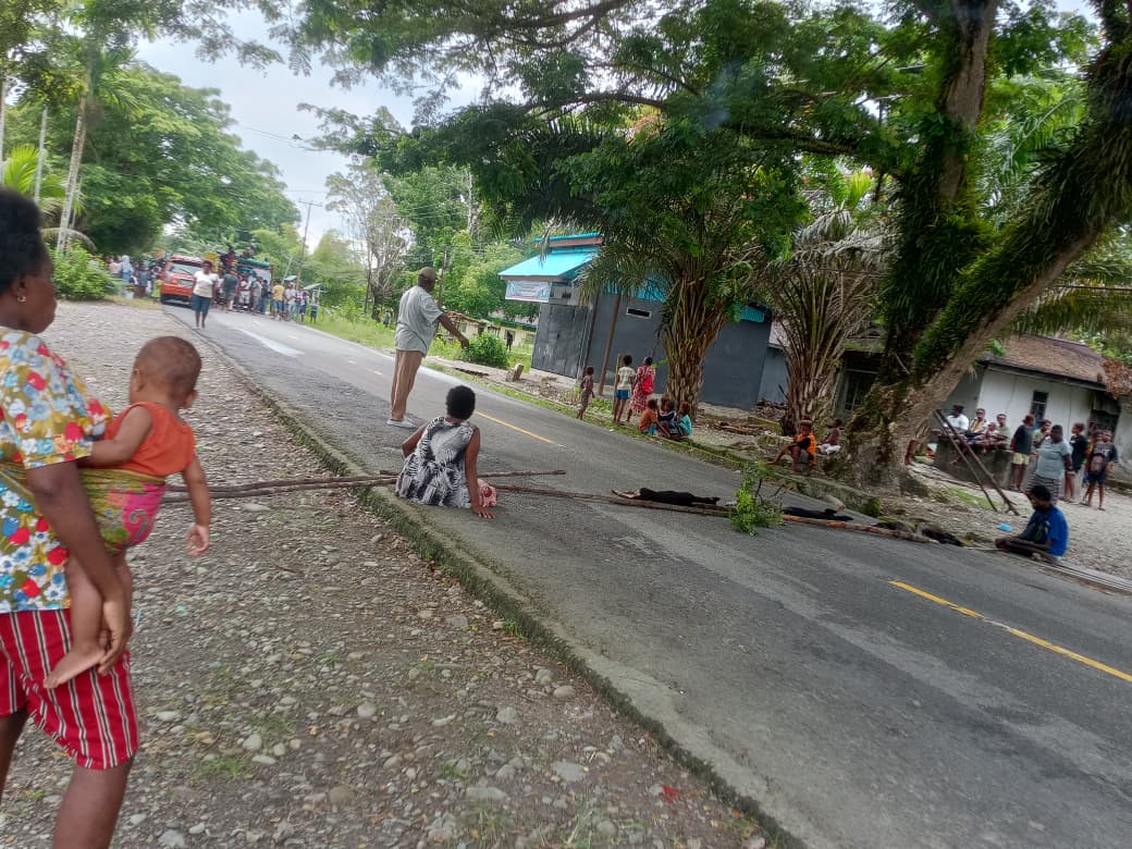 Warga Kaugapu Mimika Timur Lakukan Pemalangan Jalan, Protes 4 Ekor Anjing Mati Diracun