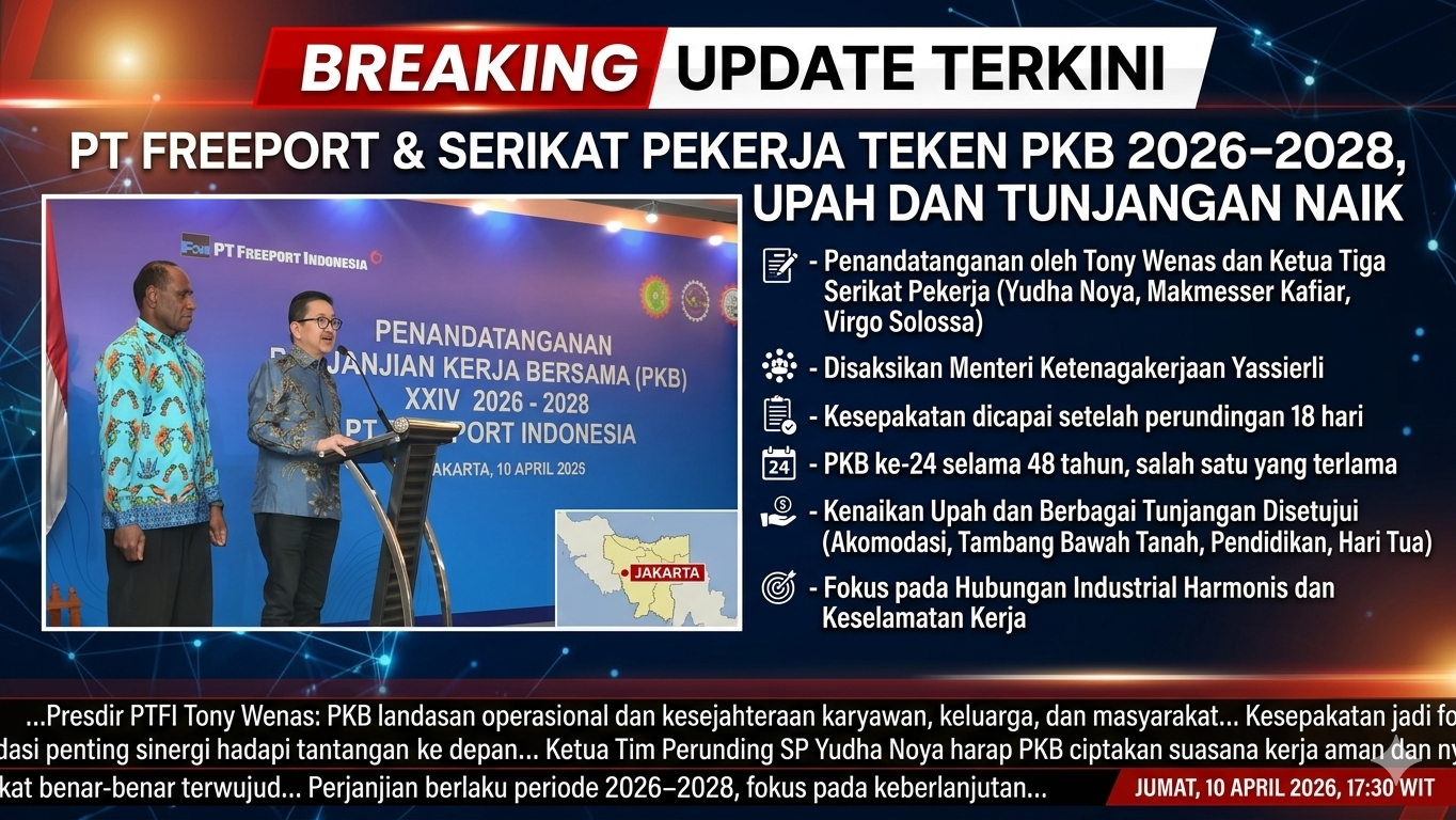 PT Freeport dan Tiga Serikat Pekerja Teken PKB 2026–2028, Upah dan Tunjangan Naik