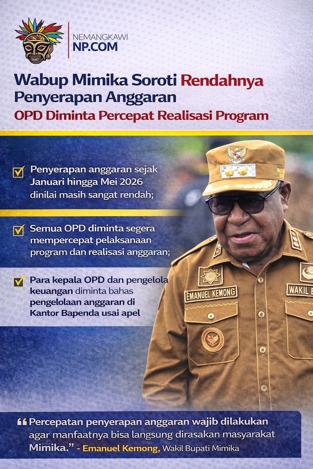 Wabup Mimika Soroti Rendahnya Penyerapan Anggaran, OPD Diminta Percepat Realisasi Program