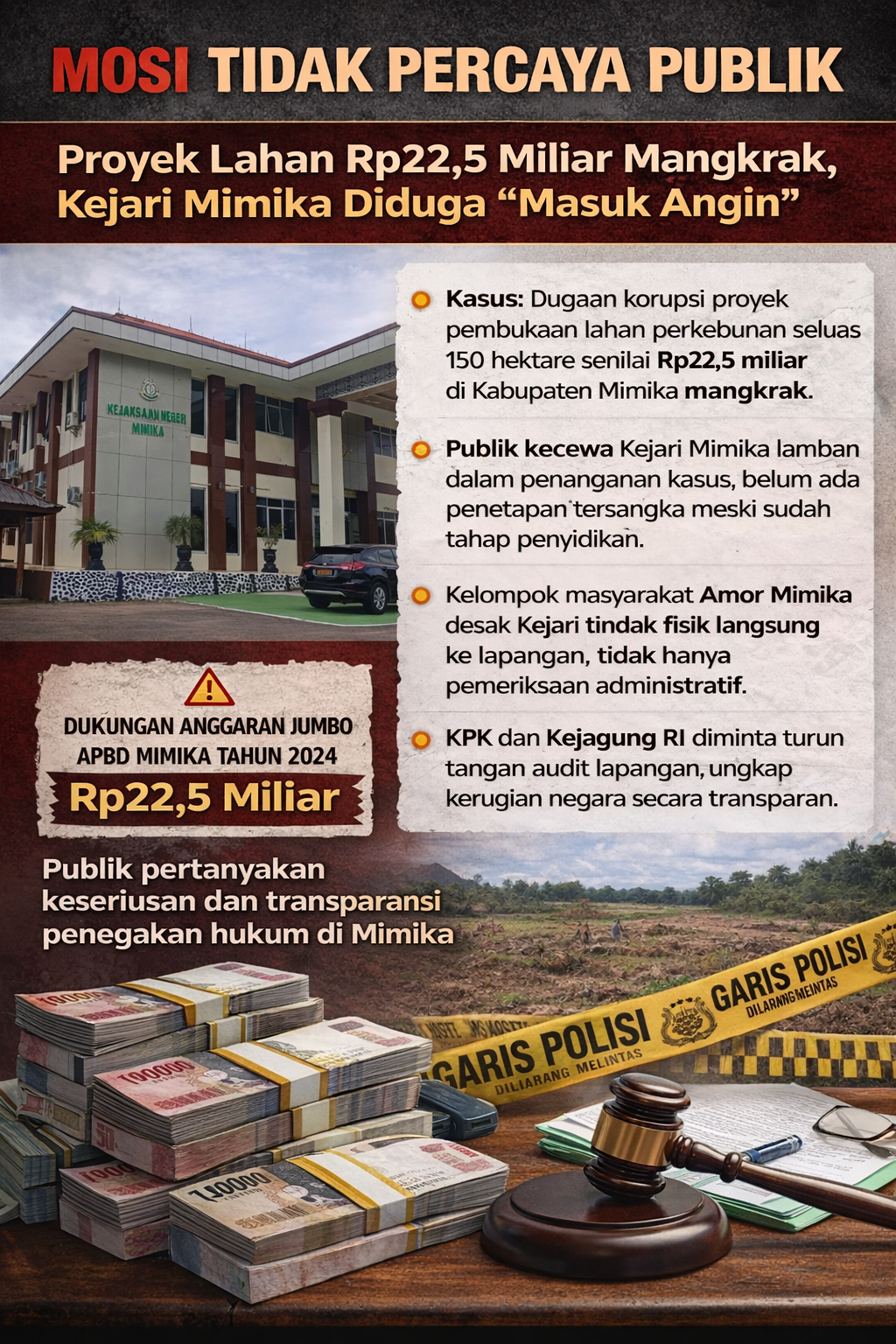 Mosi Tidak Percaya Publik: Proyek Lahan Rp22,5 Miliar Mangkrak, Kejari Mimika Diduga “Masuk Angin”