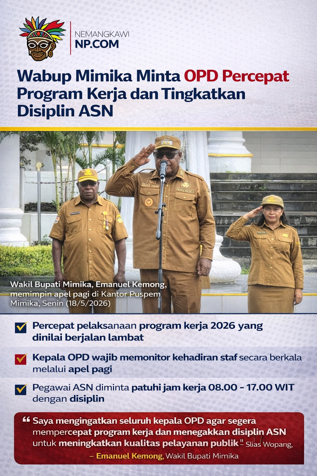 Wabup Mimika Minta OPD Percepat Program Kerja dan Tingkatkan Disiplin ASN