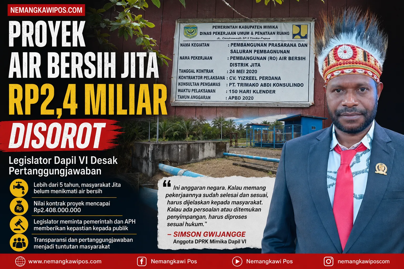 Proyek Air Bersih Jita Rp2,4 Miliar Disorot, Legislator Dapil VI Desak Pertanggungjawaban