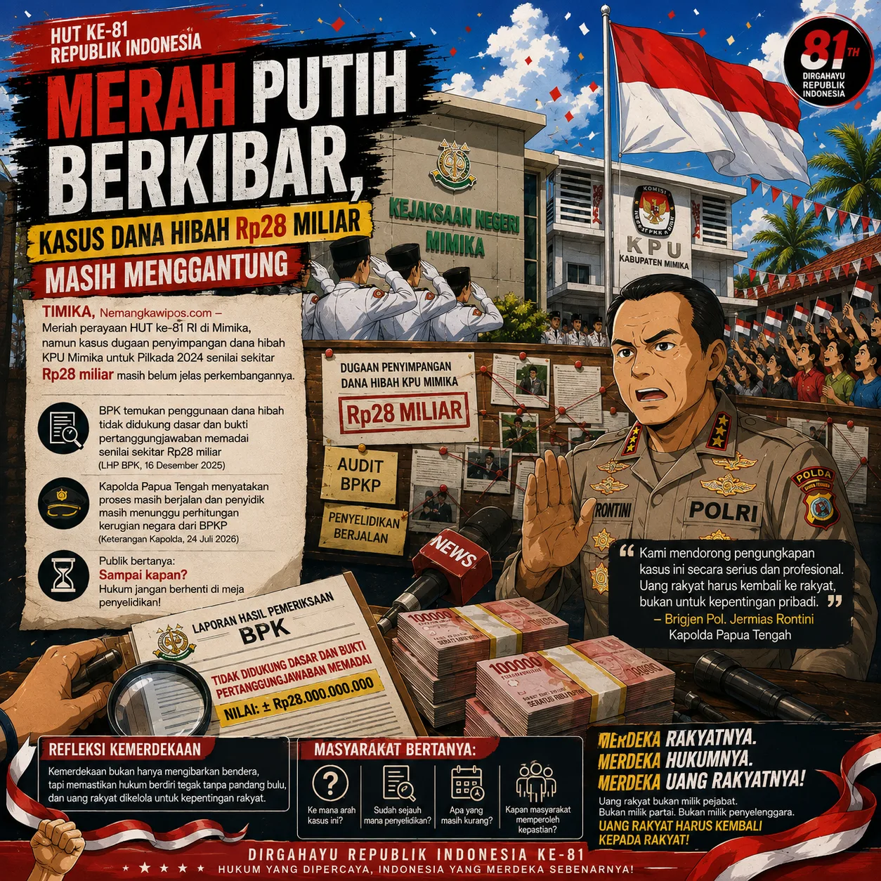HUT ke-81 RI di Mimika: Merah Putih Berkibar, Kasus Dana Hibah Rp28 Miliar Masih Menggantung