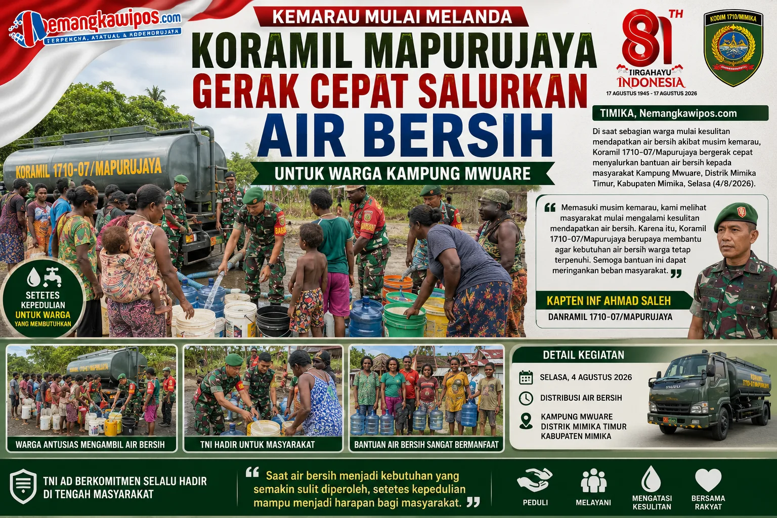 Kemarau Mulai Melanda, Koramil Mapurujaya Gerak Cepat Salurkan Air Bersih untuk Warga Kampung Mwuare