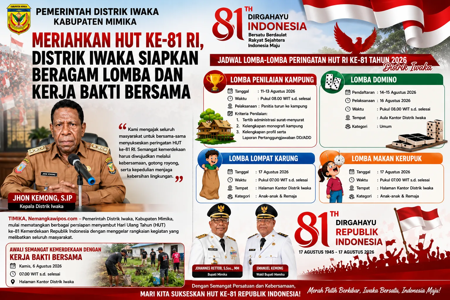 Meriahkan HUT ke-81 RI, Distrik Iwaka Siapkan Beragam Lomba dan Kerja Bakti Bersama