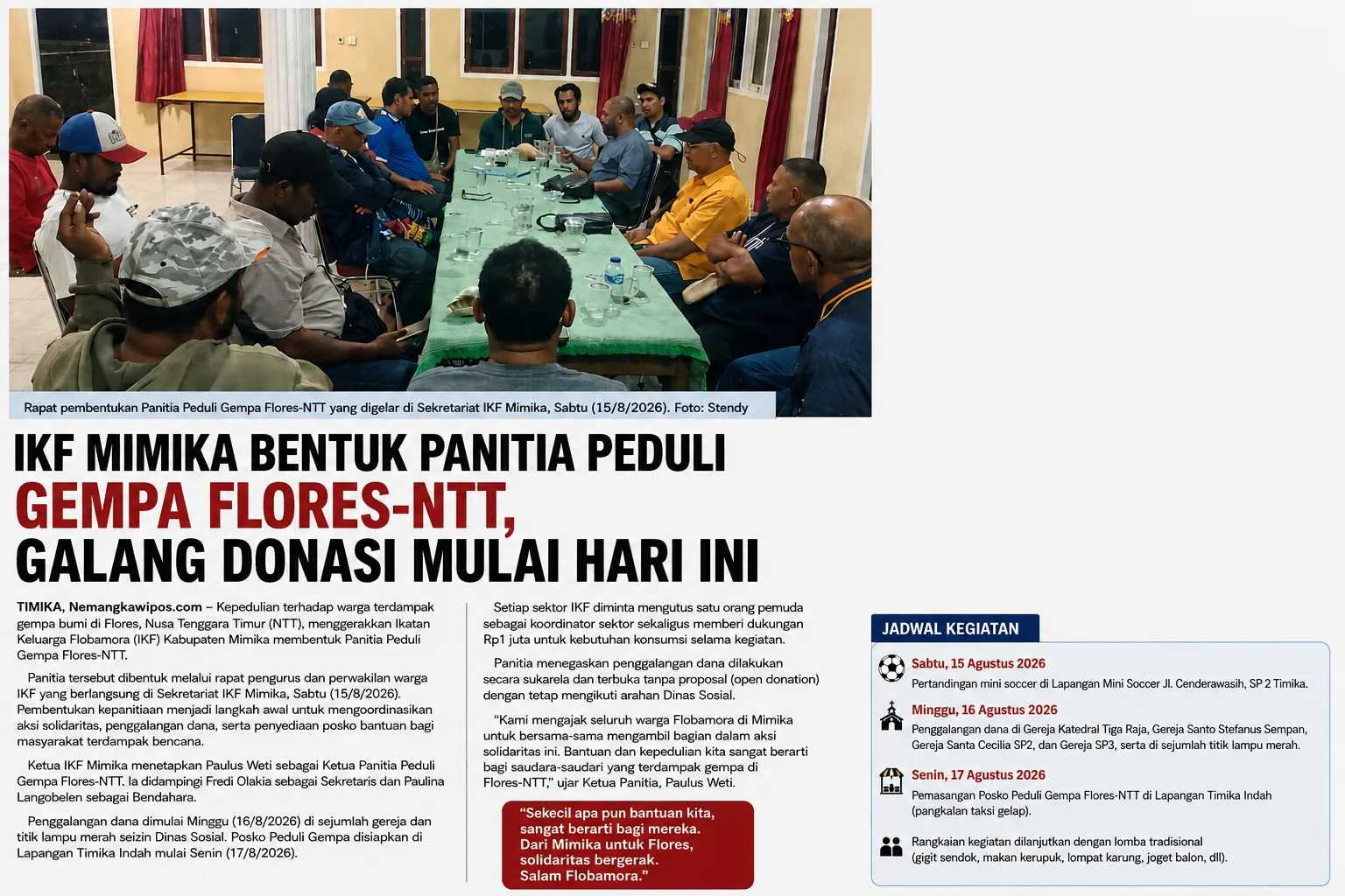 IKF Mimika Bentuk Panitia Peduli Gempa Flores-NTT, Galang Donasi Mulai Hari Ini
