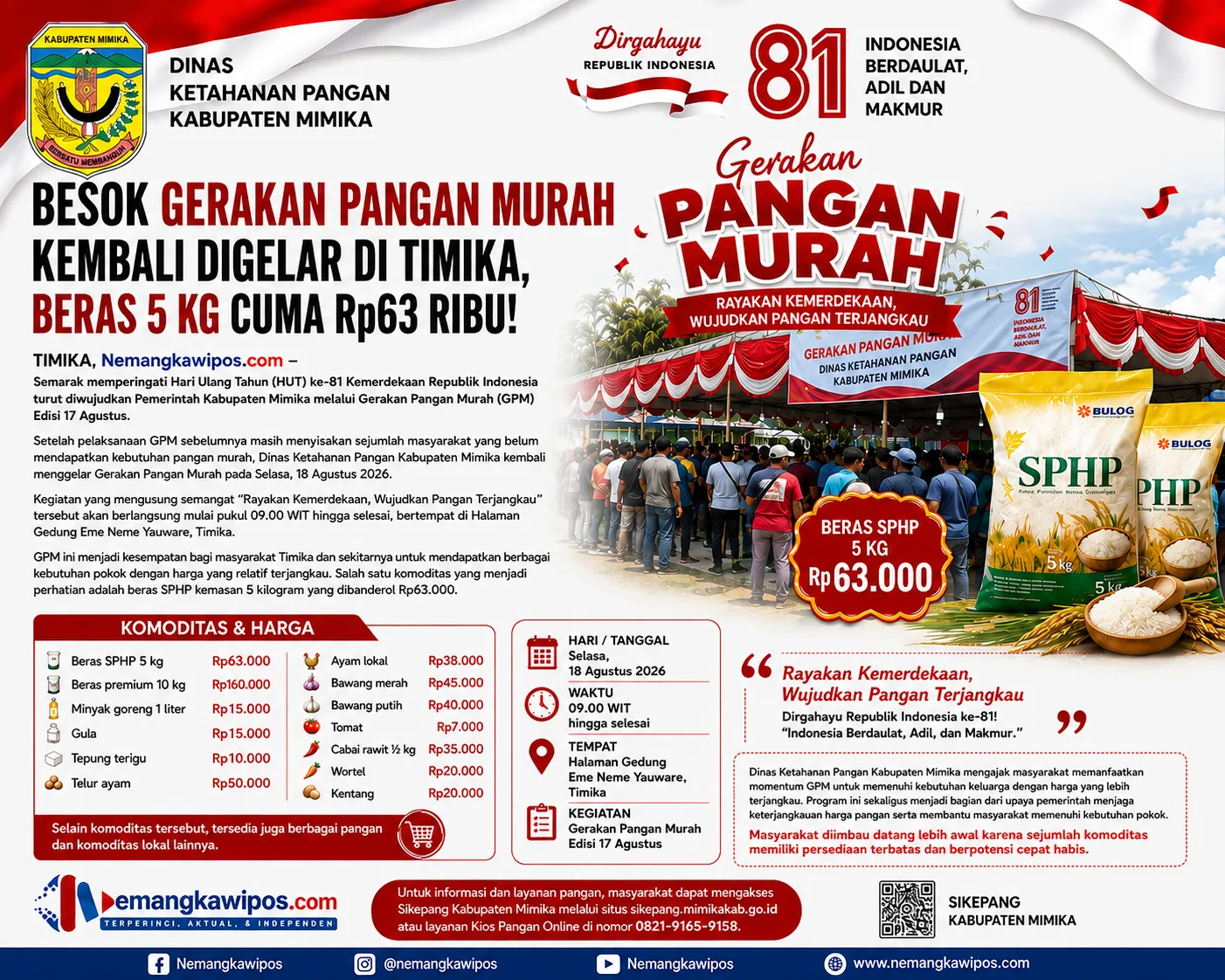 Besok Gerakan Pangan Murah Kembali Digelar di Timika, Beras 5 Kg Cuma Rp63 Ribu!