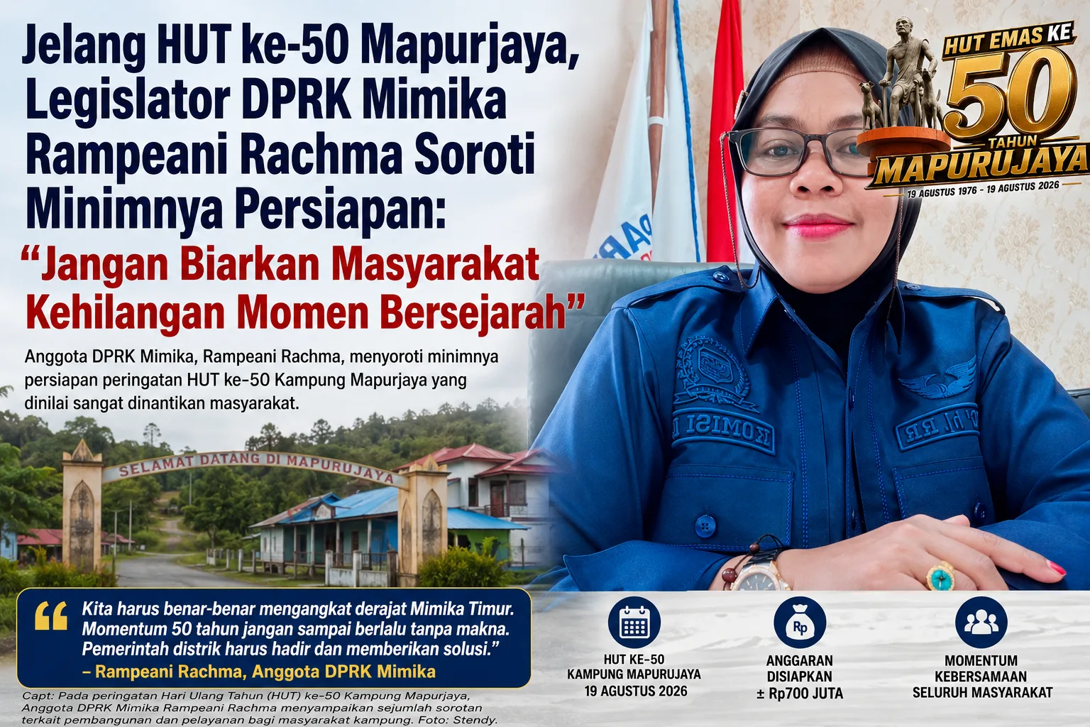 Jelang HUT ke-50 Mapurjaya, Legislator DPRK Mimika Rampeani Rachma Soroti Minimnya Persiapan: Jangan Biarkan Masyarakat Kehilangan Momen Bersejarah