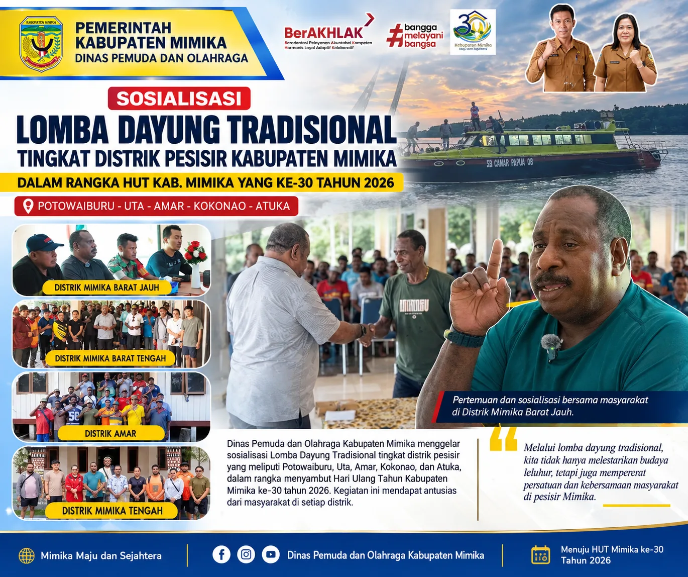 Sambut HUT ke-30 Mimika, Lomba Dayung Tradisional Tingkat Distrik Pesisir Mulai Disosialisasikan